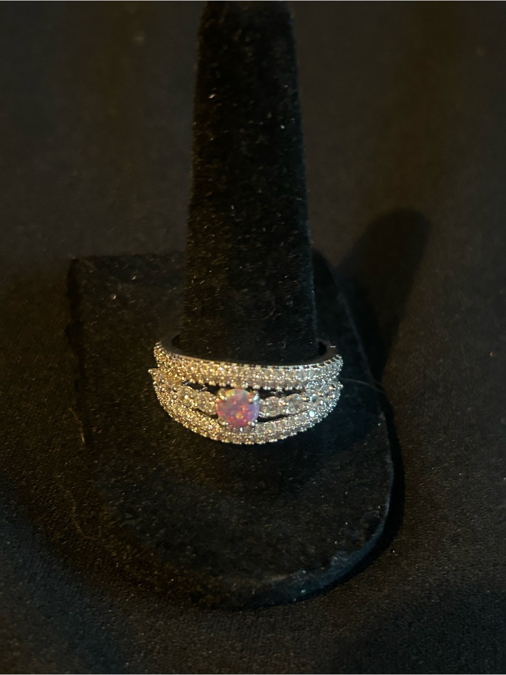 Silver Tone Opal & Cubic Zirconia Multi-Row Ring - Pink Fire Opal